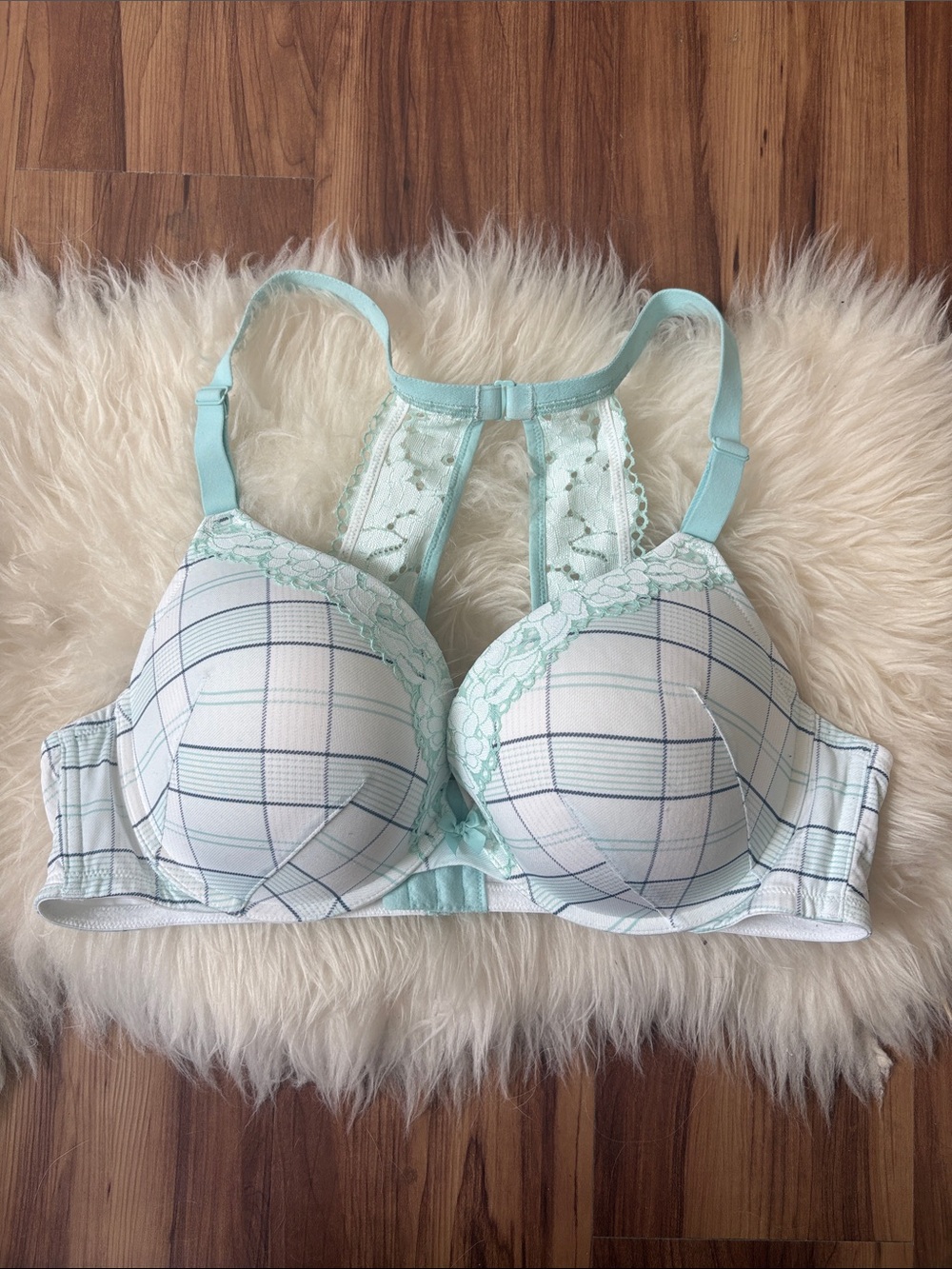 Cacique Mint and White Plaid Lace-Back T-Shirt Bra